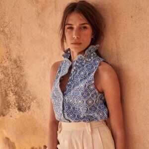 Sézane Erina Shirt - Blue / Ecru - Size 38